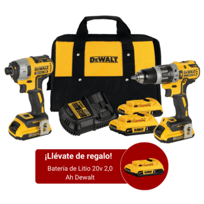 Kit Taladro Percutor + Atornillador de Impacto 20V + 2 Baterías Dewalt (DCK223D2) con Tercera Batería de Regalo