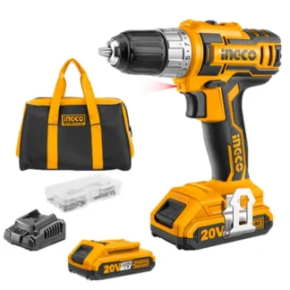 Taladro Atornillador Inalámbrico Ingco 20V 10mm + 2 Baterías 2AH + Cargador + Bolso de Transporte